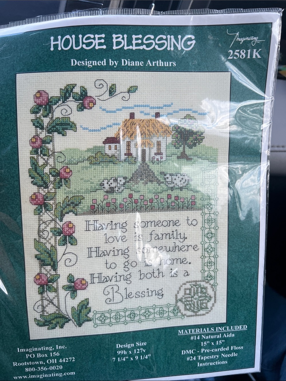 Counted Cross Stitch 'House Blessing' Picture Wall Decor - Green/Pink. Sealed